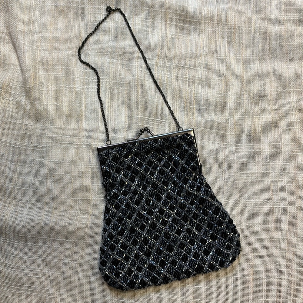 Black & Gray Beaded Purse Clutch, Formalwear, Blackened Silver Accents, EUC
